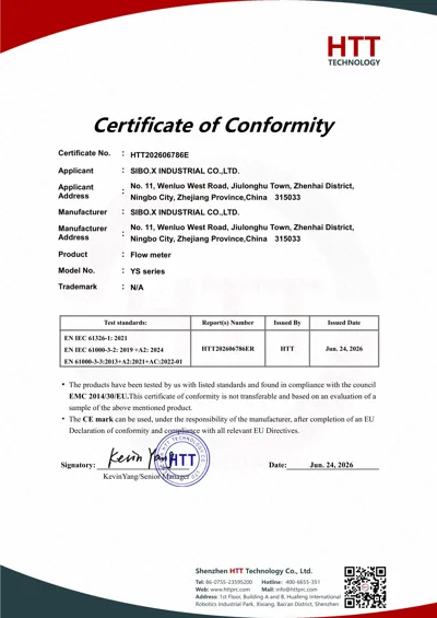 CE Certificate of Conformity — Flow Meters HTT202606786E