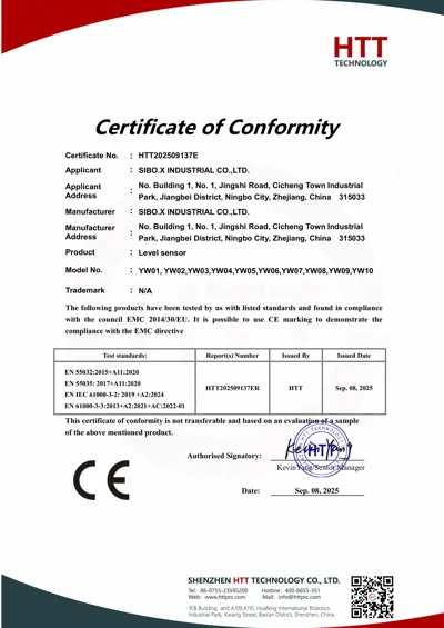 CE Certificate of Conformity — Level Sensors HTT202509137E